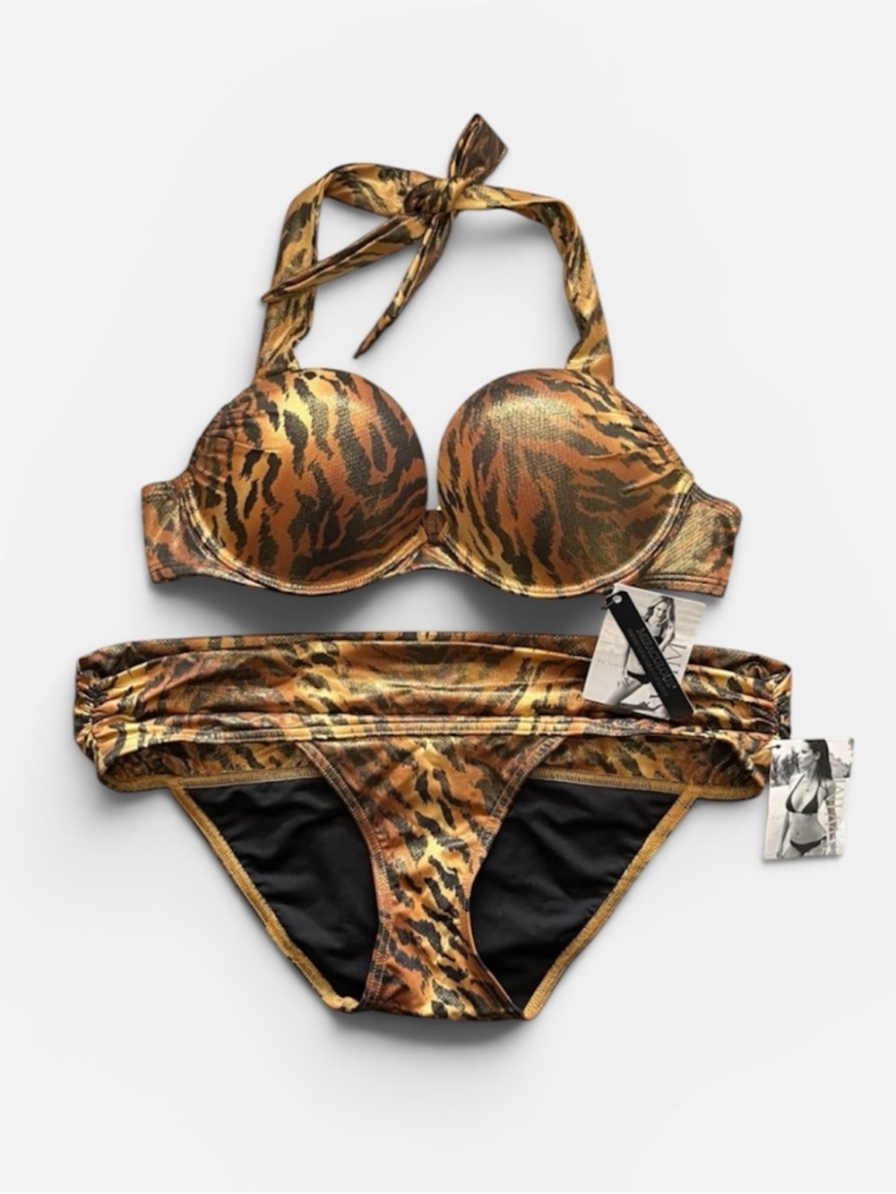 Victoria’s Secret Y2K Miraculous Push Up Halter Metallic Tiger Low Rise Bikini